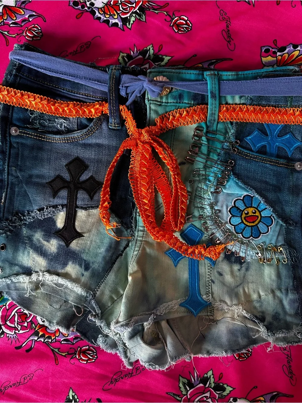Embellished Tie-Dye Denim Cutoff Shorts with Orange Trim